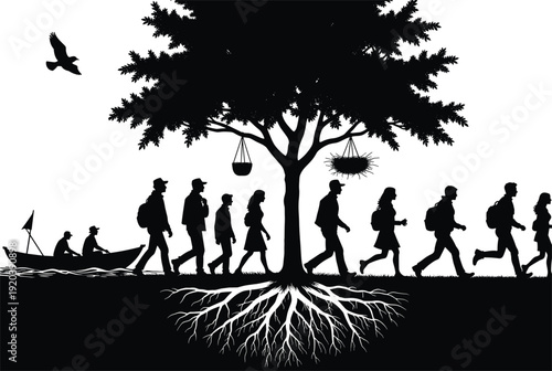 Migration journey silhouette, human life cycle concept, walking travelers, roots and tree symbolism, freedom, hope, travel, nature, destiny, survival