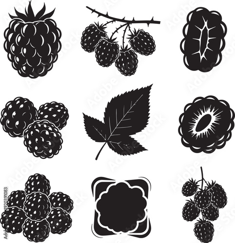 Blackberry icon collection. Includes blackberries, leaves, and fruit. Created in solid black style with white accents.