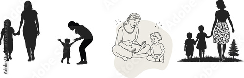 Mother and child silhouettes collection, family parenting love care bonding walking reading together isolated vector illustration set