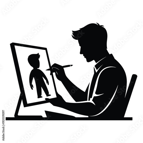 Silhouette of a man artist drawing a human figure on a large digital tablet or screen with a stylus pen in a seated position on transparent background
