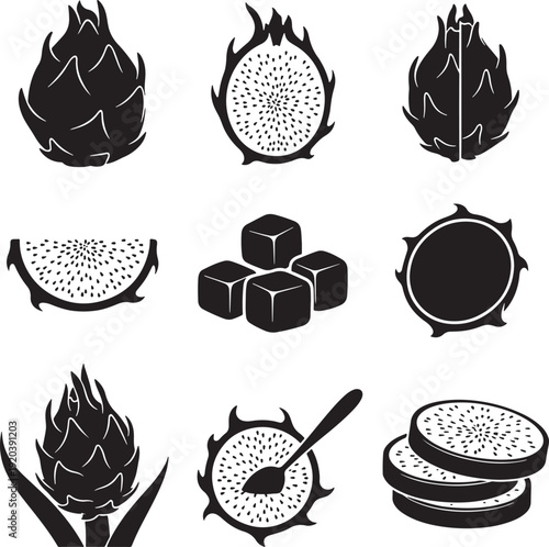 Dragon fruit icon collection. Includes whole, half, slice, cubes, and spoon icons. Created in minimalist style with black and white palette