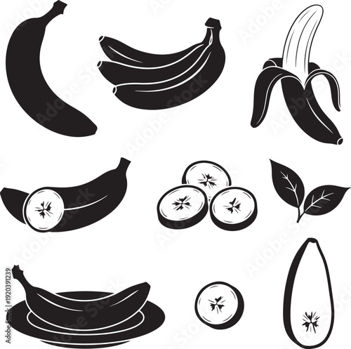 Banana fruit icon collection. Includes banana, bananas, peeled, sliced, on plate, with leaves, and cross section. Created in simple black style with white accents.