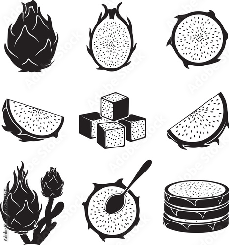 Tropical fruit icon collection. Includes dragon fruit, watermelon, sugar cubes, pancakes, and flowers. Created in line style with black and white palette