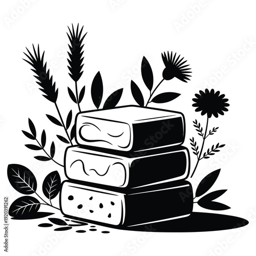 stack of handmade soap bars surrounded by botanical elements like wheat ears and leaves, symbolizing natural cosmetic products, organic skincare, and artisanal bathing, vector art