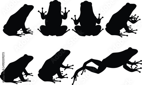Silhouettes of frogs in various poses and orientations