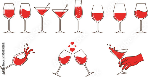 Red wine and cocktail glass illustration set with splashes, cheers, romantic toast icons for celebration, bar, party, and beverage concepts vector design