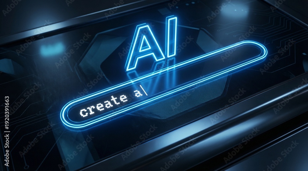 Obraz premium Conceptual Digital Interface Demonstrating Artificial Intelligence Creation, Featuring a Glowing Search Bar for Innovative Technology Development