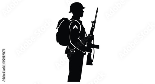 A stark black silhouette depicts a soldier standing at attention holding a rifle with a full pack silhouette high quality professional