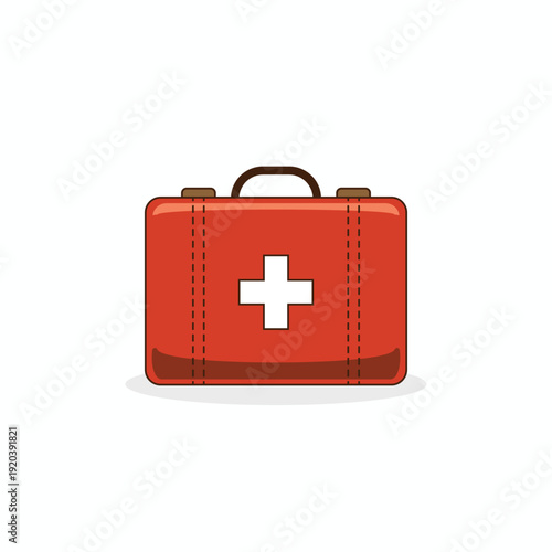Red first aid kit medical bag vector illustration with white cross symbol, isolated on white background for health, emergency, and safety design concept