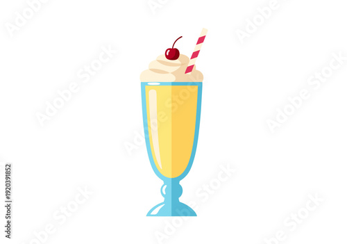 Vector Illustration of Classic Milkshake in Blue Glass with Whipped Cream and Cherry Toppings