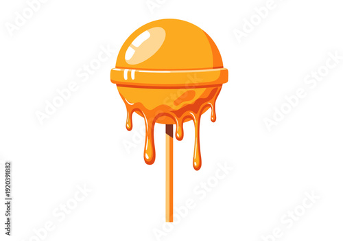 Melting Orange Lollipop with Glossy Surface and Drips, Playful Vector Illustration Design