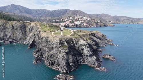 Vue aérienne du cap Cerbère en Pays Catalan dans le département des pyrénées orientales en région occitanie. (66290)
