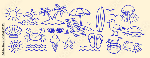 Hand-drawn beach-themed vector set. Summer doodles like waves, palm trees, sunglasses, shells, crabs, and surfboards. Perfect for vacation designs, t-shirt prints, and vector Collection