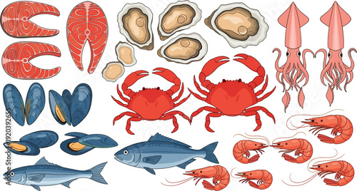 Fresh Seafood and Shellfish Vector Illustration Set Featuring Salmon Steaks, Crabs, Oysters, Mussels, Shrimp, Squid, and Whole Fish for Restaurant Menus and Culinary Designs\