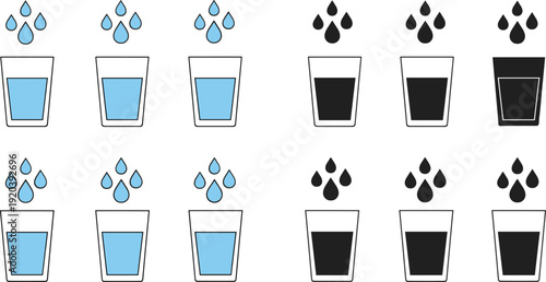 Minimalist Water Glass and Droplet Vector Icon Set Illustrating Daily Hydration Goals, Healthy Drinking Habits, and Liquid Measurement for Wellness Apps and Health Trackers