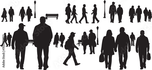 Silhouettes of crowd of people walking in park. Vector illustration.