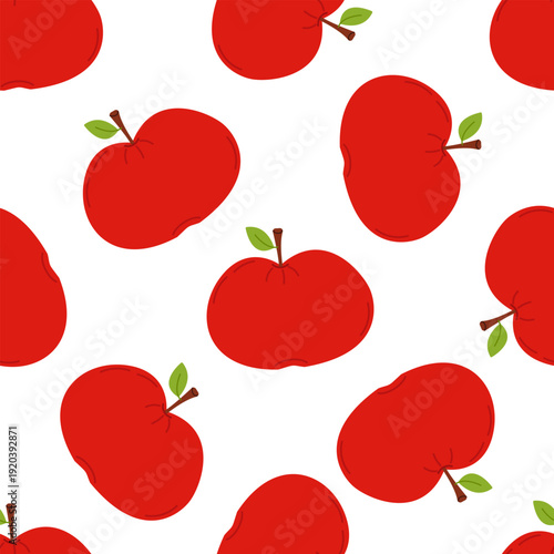 Seamless pattern with hand-drawn red apples and green leaves on white background. Flat vector illustration for textile, wallpaper, and kitchen decor.