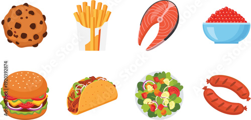Premium Seafood Vector Illustration Collection Featuring Fresh Salmon Steaks, Red Crabs, Oysters, Blue Mussels, Squid, Whole Fish, and Shrimps for Restaurant Menus and Culinary Branding