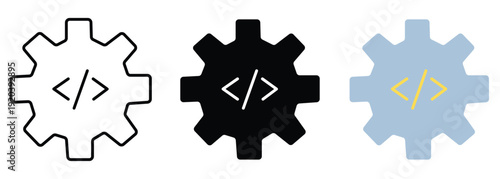 Programming and coding gear icons with script brackets for web development