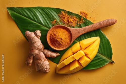 Turmeric powder, ginger root, and mango slices