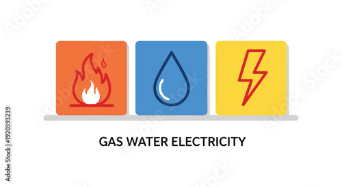 Three colorful squares depict fire water and electricity with labels beneath showing a minimal silhouette high quality professional detailed modern elegant