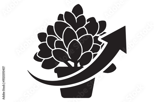 Lush potted plant with an upward-pointing growth arrow silhouette