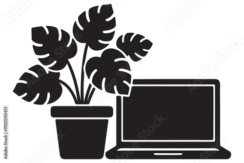 Monstera plant in a pot next to a laptop silhouette icon
