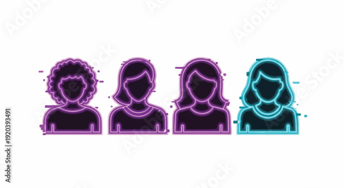 Neon glitch style female user avatars representing diversity and digital identity, modern abstract women's profile icons with vibrant colors on white background.