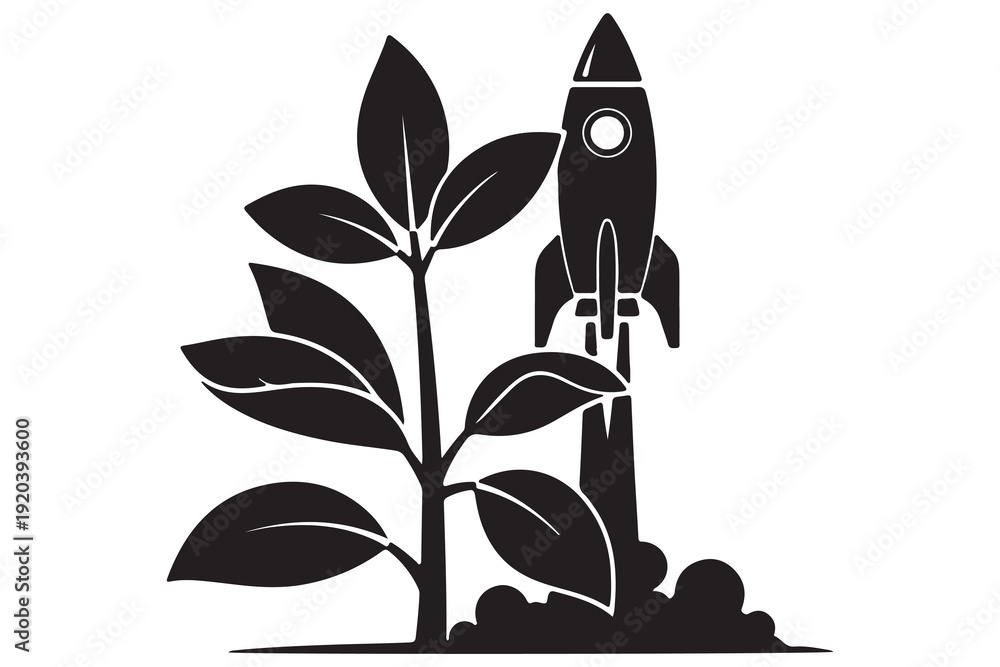 Fototapeta premium Growing plant alongside a launching rocket ship silhouette icon