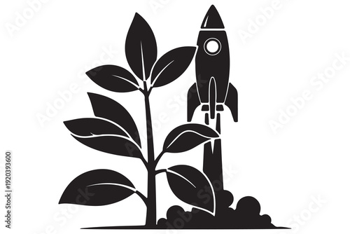Growing plant alongside a launching rocket ship silhouette icon