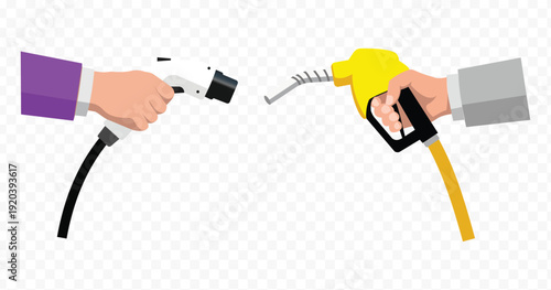 Electric Car Charger vs. Gas Pump: Future of Transportation Comparison, Flat Design Vector Illustration.