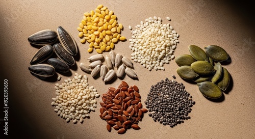A natural background display of various dried oilseeds essential for vegetable oil production and healthy cooking applications, soybean, oil, background