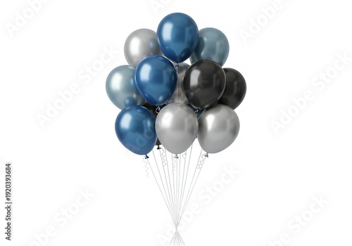 Cluster of blue, silver, and black balloons floating together isolated on transparent background