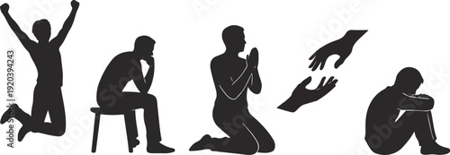 Black Silhouette Figures — Joy, Thinking, Prayer, Helping Hands, Sadness