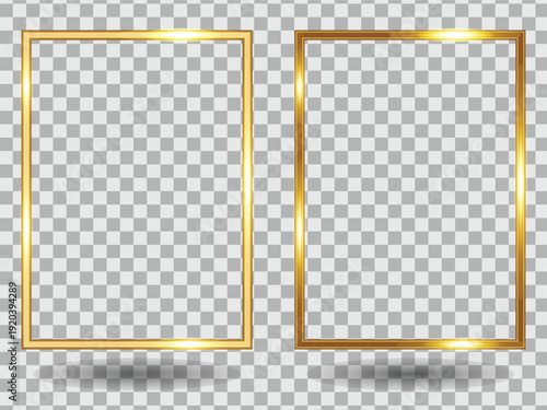 Luxury golden square frame isolated on transparent background with soft shadow 