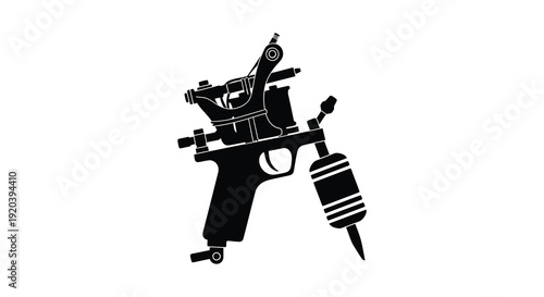 A striking black silhouette depicts a classic tattoo machine showcasing artistry and body modification silhouette high quality professional detailed modern elegant