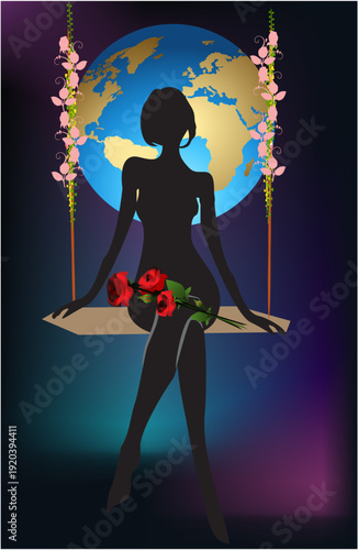 composition with a woman in spring on a swing
