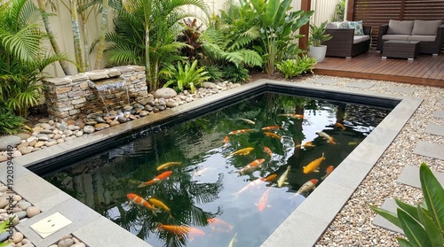 Beautifully landscaped garden featuring a rectangular koi pond filled with colorful fish, surrounded by lush greenery and stone accents