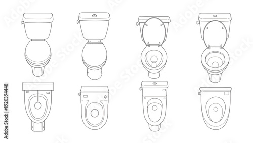 Western Water Closet Toilets CAD Plan View Outline Vector Set for Bathroom Layouts