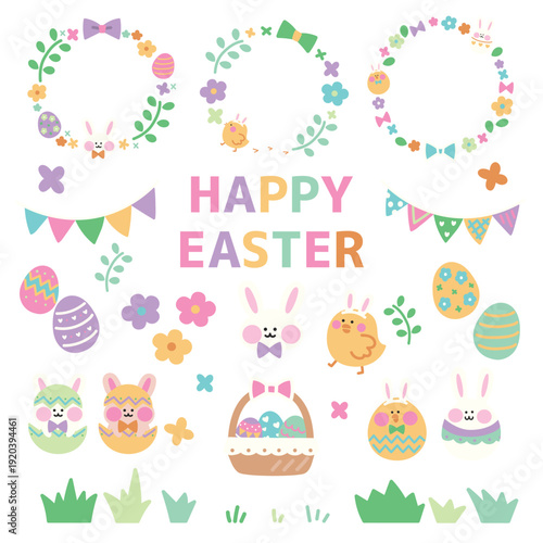 イースターのイベント手描き素材セット【うさぎひよこ】