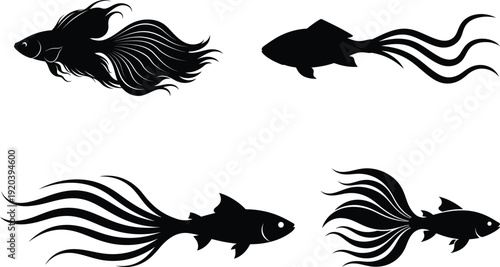 Silhouette Fish Elegance: A set of four elegant fish silhouettes dance across the frame, showcasing the graceful fluidity and intricate beauty of aquatic life in a captivating display.