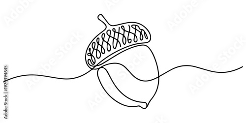Acorn with Textured Cap and Smooth Shell continuous one line drawing, Simple Line Art Drawing of an Acorn, Oak Nut Seed Illustration, Simple Line Drawing of an Acorn with Detailed Cap and Empty Shell.