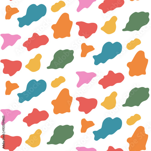 Irregular blob seamless pattern. Freeform blobs simple colorful liquid background. Abstract funky amoeba spots. Camouflage animal print. Simple mini splashes. Vector seamless red, blue bg illustration
