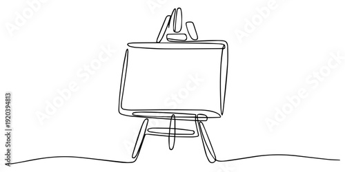 Blank White Canvas on Wooden Easel continuous one line drawing, Minimalist Sketch Style Artist Easel, Minimalist continuous line drawing of a blank canvas on a tripod easel stand Vector, illustration.