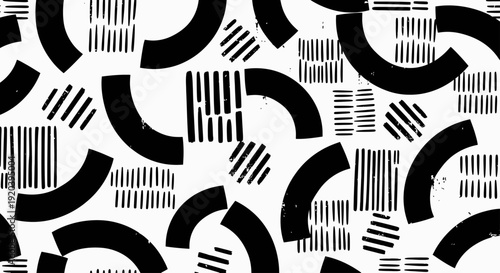 Abstract black and white geometric pattern with semicircles and lines.