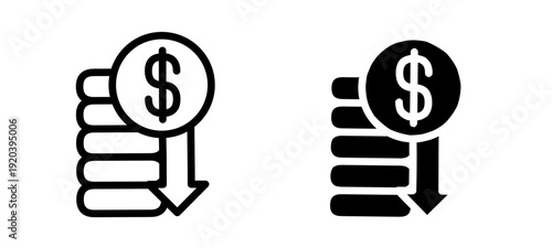 Low Money Concept with Declining Coin Stack – Income Reduction and Business Financial Loss Vector Isolated on Transparent Background