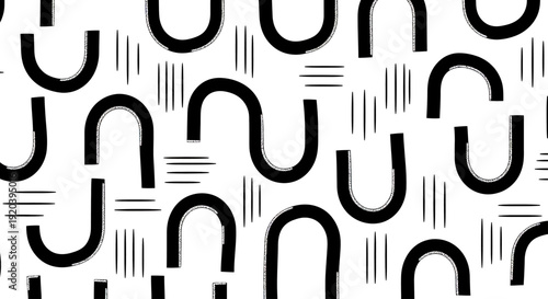 Abstract Black and White Geometric Pattern with Curved Lines and Dashes.