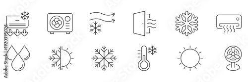 Air conditioning ventilation cooling heating humidity climate control hvac system icons set vector illustration for user interface design.