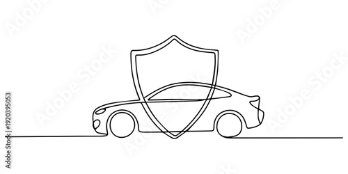 Car with Shield Insurance continuous one line drawing, Continuous one-line drawing car is supported by insurance. Insurance concept single line draws design graphic vector illustration, Protection sig