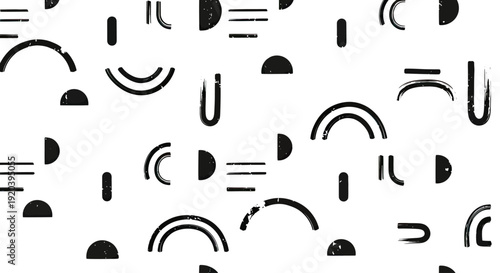 Abstract black and white geometric shapes pattern with semicircles and lines.
